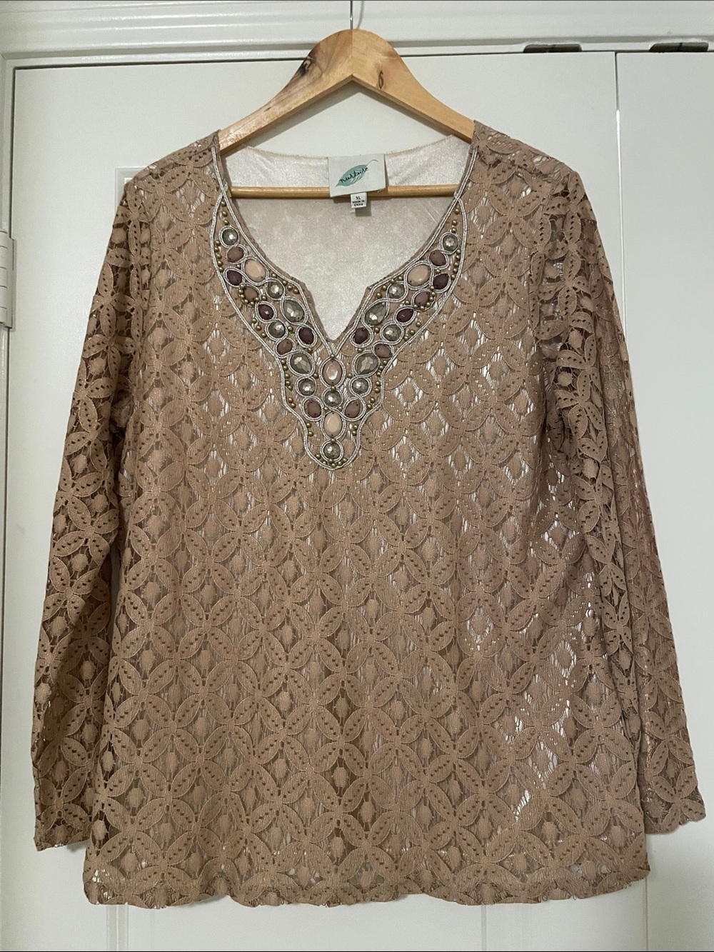 Nurture Boho Lace  Taupe Top with Beaded V-Neck